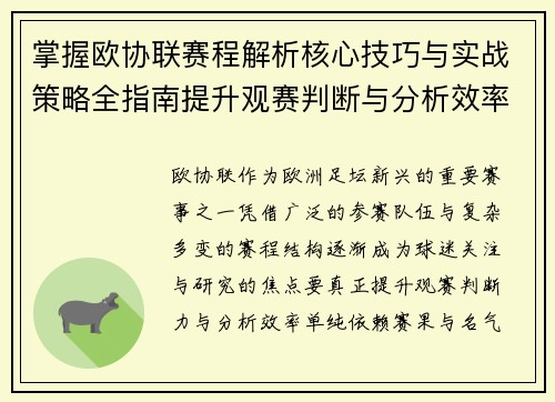 掌握欧协联赛程解析核心技巧与实战策略全指南提升观赛判断与分析效率